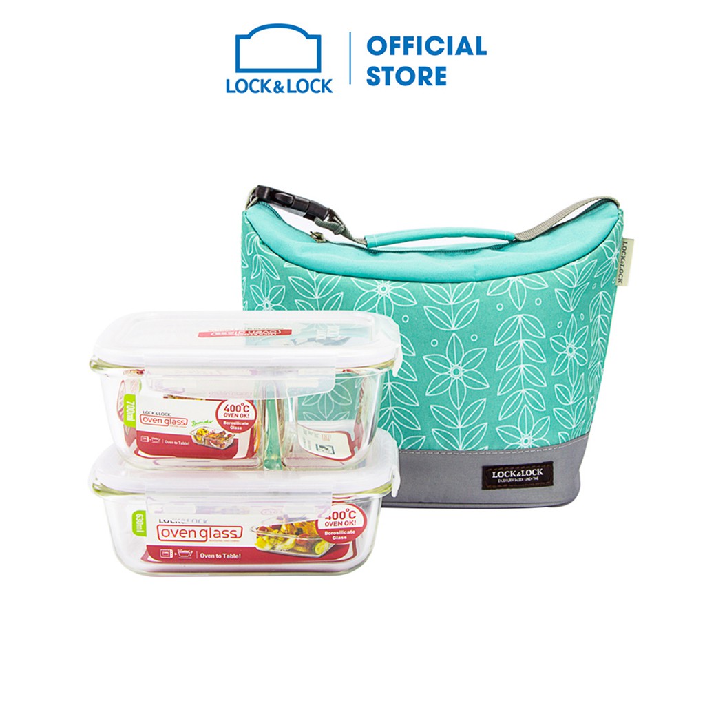 Bộ Túi Hộp Cơm Thủy Tinh Lock&Lock 3EA Xanh Mint [LLG428M2]